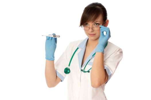 woman showing 36.6 temperature on the Celsius thermometer