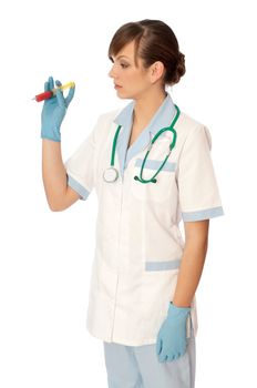 Woman holds in the hand syringe with a new antibiotic mixed with blood