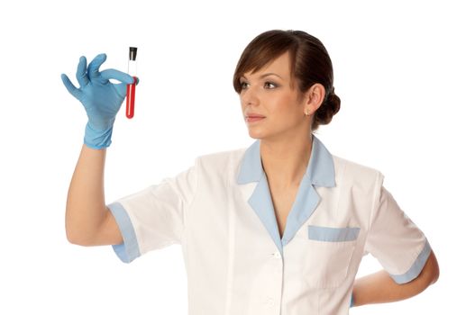 Doctor in blue gloves will be carry out research a samples of bloods at inhabitants of coast on availability of poisoning
