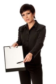 The manager with white blank paper in the hands holding an interview