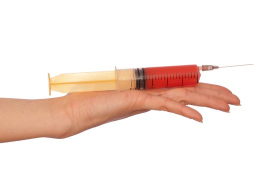 Woman use syringe with a new synthetic hard drugs mixed with blood for escape from reality