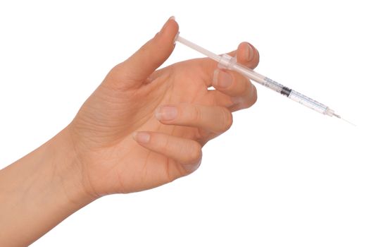 syringe in the woman's hand for making insulin injections