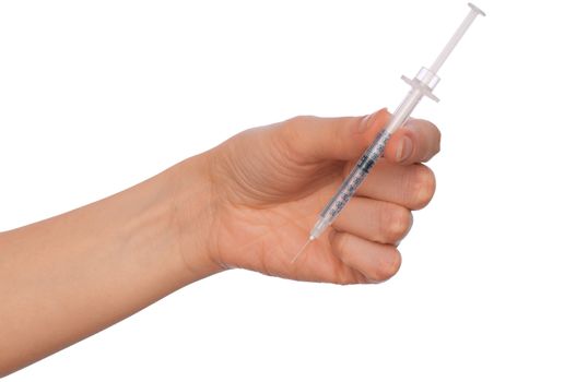 syringe in the woman's hand for making insulin injections