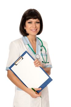 The doctor holding clipboard with blank paper in the hand