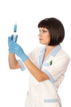 Woman holds in the hand syringe with a new antibiotic