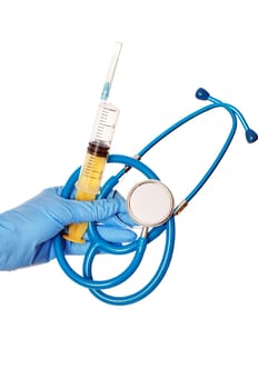 The doctor holding a blue stethoscope and yellow syringe in the hand