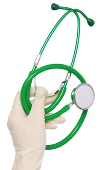 The doctor holding a green stethoscope in the hand