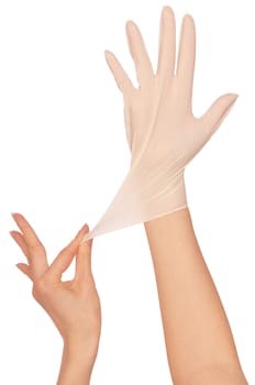 Doctor putting on sterilized medical glove for making operation