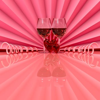 two wineglass with two hearts as symbol love on valentine's day on February, 14th