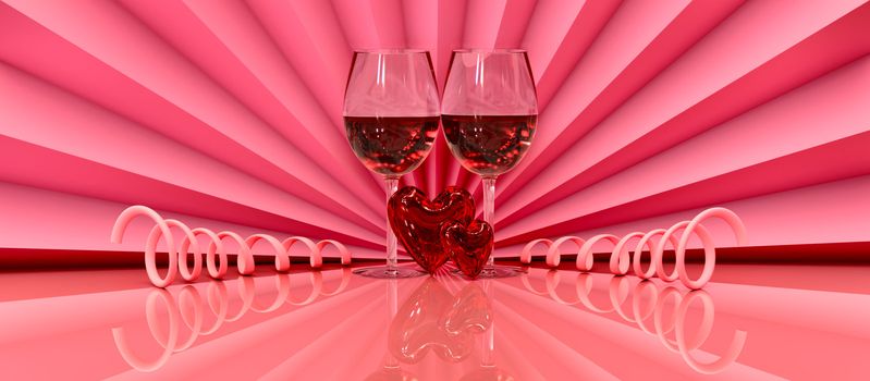 two wineglass with two hearts as symbol love on valentine's day on February, 14th