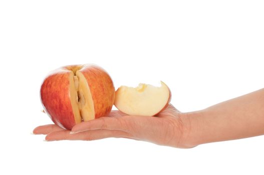 woman holding in the hand one fresh red apple