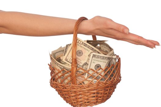 businesswoman owns the basket with dollars for stable business