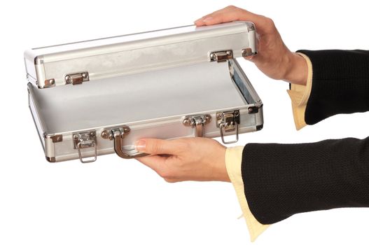 woman opening a silver metal case to put there money