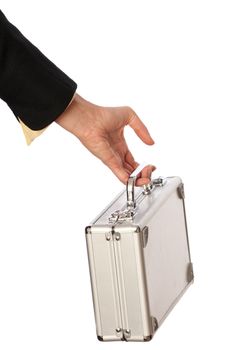 woman giving a silver metal case with money