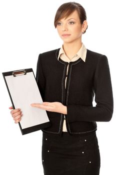 The manager with white blank paper in the hands making a presentation