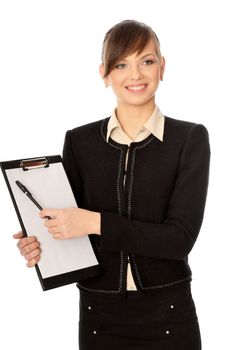 The manager with white blank paper in the hands making a presentation