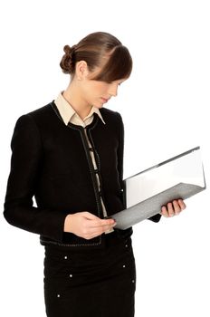 Woman holding file with service document in the hand