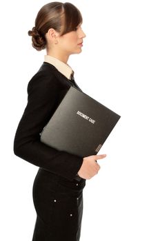 The office worker working in office and holding the document case in the hands