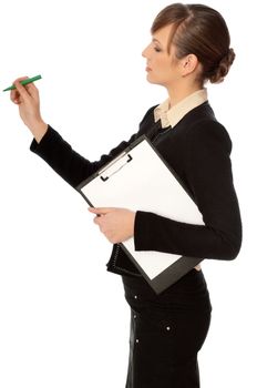 The manager with white blank paper in the hands making a presentation