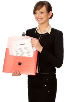 Businesswoman taking out from a suitcase contract for new employees