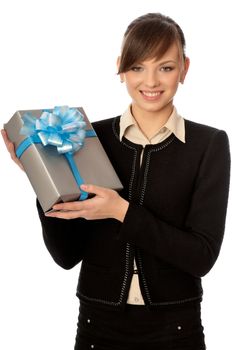 Woman holding a grey box with blue bow as a present