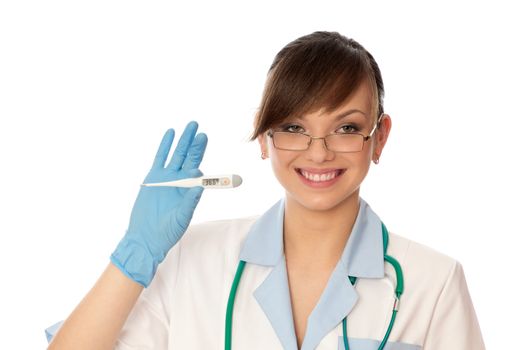 woman showing 36.6 temperature on the Celsius thermometer