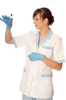 Doctor in blue gloves will be carry out research a samples of bloods at inhabitants of coast on availability of poisoning