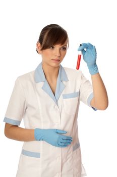 Doctor in blue gloves will be carry out research a samples of bloods at inhabitants of coast on availability of poisoning