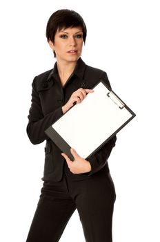 Woman holding clipboard with blank paper in the hand