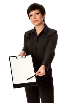 The new worker holds the white blank paper in the folder and making presentation