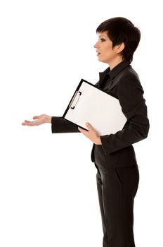 The manager with white blank paper in the hands speeking with her partner