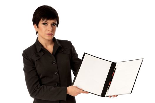 Woman holding file with blank paper in the hand