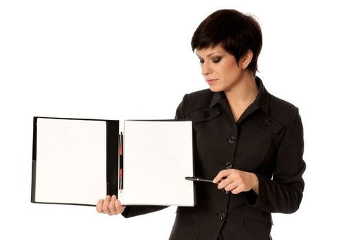 The manager with white blank paper in the hands making a presentation