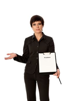 The businesswoman holding a list of problems in the hands