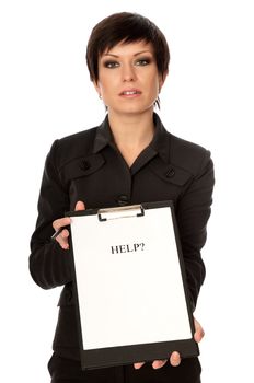 Businesswoman reviewing a prayer in aid from her workers