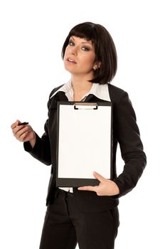 Woman holding clipboard with blank paper in the hand