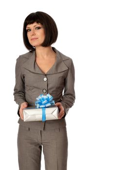 Woman holding a grey box with blue bow as a present