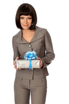 Woman holding a grey box with blue bow as a present