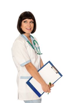 The doctor holding clipboard with blank paper in the hand