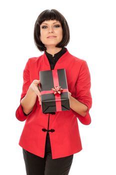 woman giving a black box with red bow as a gift