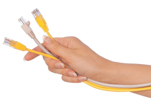 woman holding LAN cords in the hand