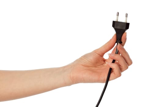 woman holding black euro plug in the hand