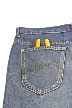 yellow pliers in pocket jeans on white