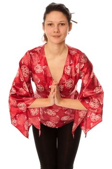 woman in red clothes welcomes people in chinese restaurant