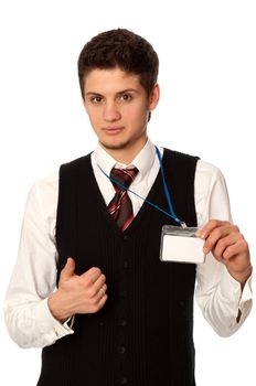 man showing his badge at the entrance of meeting room of a conference