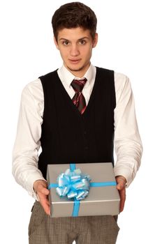 man holding in the hands the gray box with blue ribbon as a gift