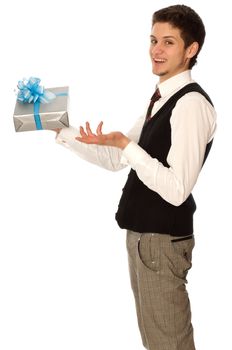 happy man holding in the hands the gray box with blue ribbon as a gift