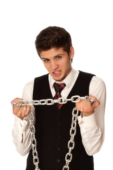 businessman breaking the chain by hands for liberation as a symbol of work captivity