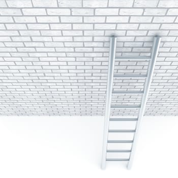 Metal ladder and a wall of white bricks