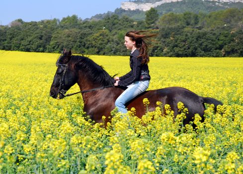 beautiful young teenager riding a black stallion 